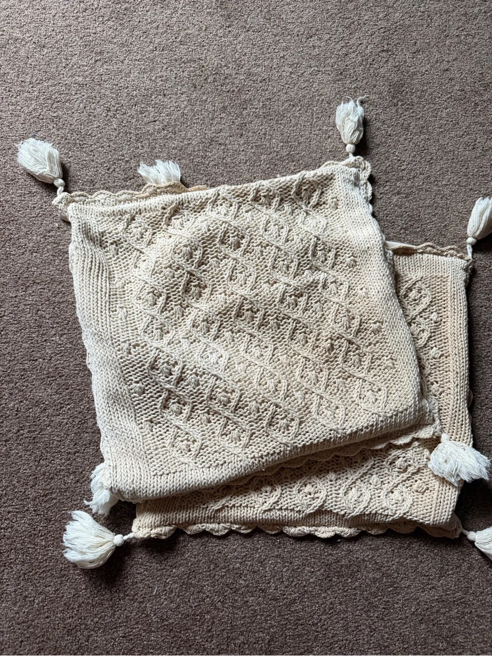 Cream Knit Tassel Pillow Covers - Unbranded
